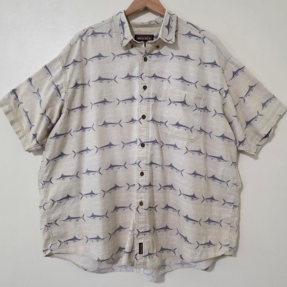 Vintage 90s Woolrich Fishing Shirt Sz 4XL Marine Swordfish Print Beach Button Up